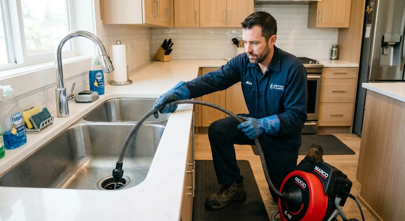 Drain cleaning technician using a motorized snake on a kitchen sink in University Park