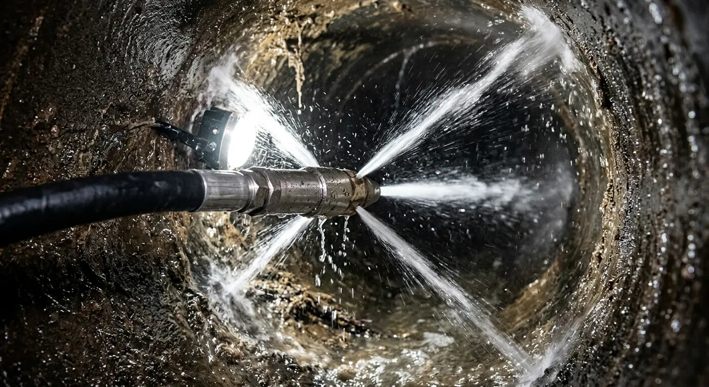 High-pressure hydro jetting nozzle cleaning sewer pipe for Sewer Line Relining in University Park